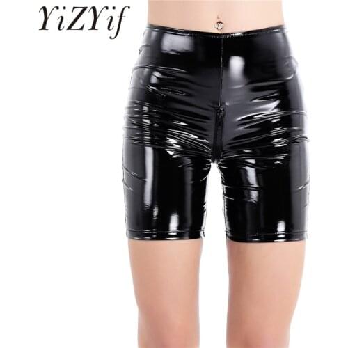 YiZYiF Fashion Women Girls Shiny Sexy Stretchy Soft PU Tight Shorts Wet look Zippered Crotch Slimming Short Pants