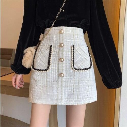 Korean Pockets Office Lady Mini Skirts High Waist Autumn Tweed Skirt Women Pearls Plaid Wool Pencil Skirts Vintage