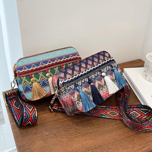 Womens Bag Fashion Ethnic Style PU Leather Stripes Printing Shoulder Crossbody Bags for Women Ladies Tassel Shopper Handbags