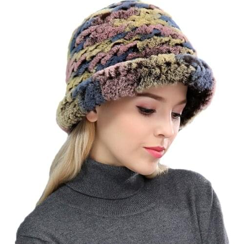 Women Real Rex Rabbit Fur Black Top Hats Winter Warm Earmuffs Bucket Cap Handmade Fluffy Soft