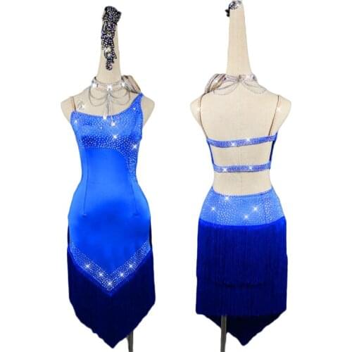 Blue Latin Dance Dress Women Shoulder Studded Rhinestone Latin Dance Performance Dresses Rumba Samba Stage Ladies Costumes