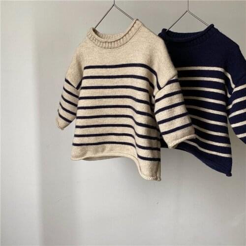 2021 Korean Autumn New Baby Boys and Girls Striped Knitted Sweaters Childrens Loose and Versatile Knitted Pullover Tops Sweater
