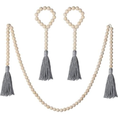 3 Pack Wood Bead Garland with Cotton Tassel, Rustic Wooden Bead Decor, Farmhouse Home Wall Hanging Decoration