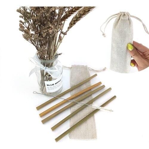 5pcs straws with bag Natural Organic Bamboo Straw Set Eco Friendly Bamboo Straw Reusable Drinking Straws with Straw Case Brush
