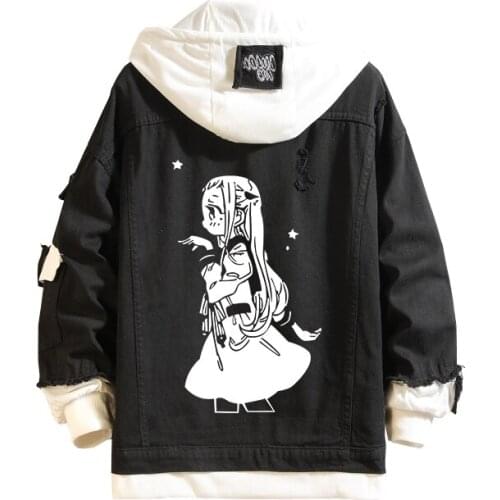 Men Women Black Jeans Coat Anime Toilet-Bound Hanako Kun Denim Jacket Hooded Casual Fashion Outwear Cartoon Cosplay Costume Tops