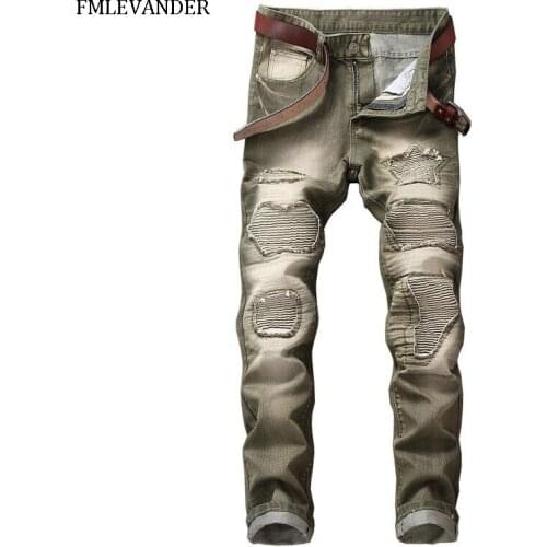 High Quality Plus Size 42 Vintage Washed Hole Denim Jeans Straight Pants Stretch Denim Men Jeans