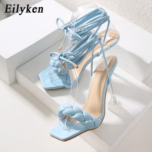 Eilyken Fashion Weave PU Leather Ankle Strap Sandals New Clear Perspex Crystal Spike High Heels Women Summer Party Dress Shoes