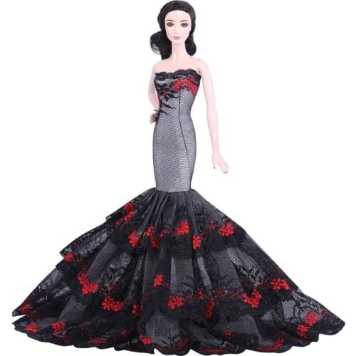 Princess Mermaid Elegant Off-Shoulder Black Floral Dress for Barbie Clothes Doll Accessory Party Gown Vestidos Dollhouse Toy 1:6