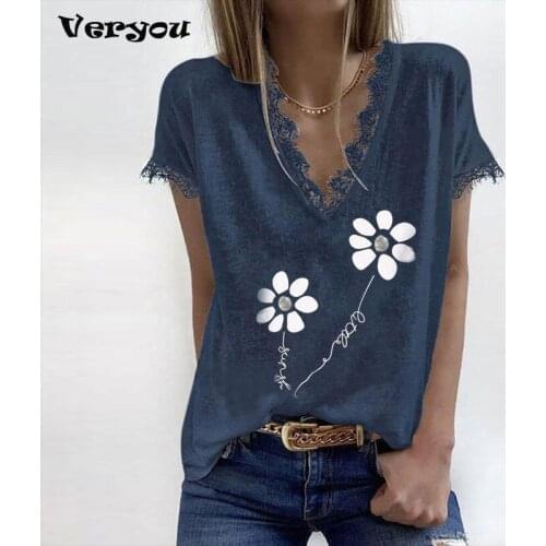 Summer Womens Loose Casual Tops Solid Color Printing V-neck Short-sleeved T-shirt for Women Fashion Cotton Plus Size Clothing