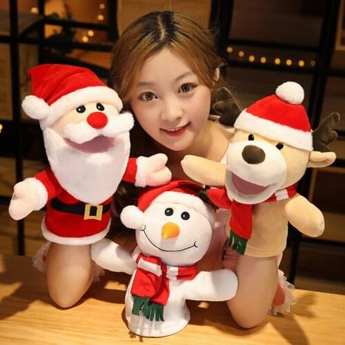 30CM kawaii Cartoon Santa Claus Elk Snowman Hand Puppet Plush Stuffed Toy Soothing Doll Parent-child Interactive Game Xmas Gift