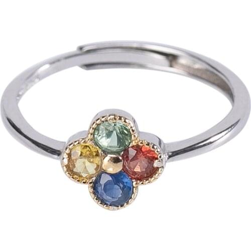 S925 sterling silver colorful zircon ring personality affordable luxury fashion temperament four-leaf clover Womens Open ring