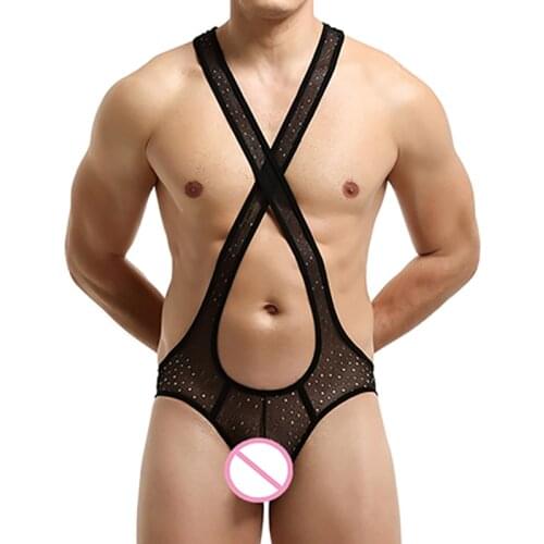 Mens Bodysuits Jockstrap Undershirts Mesh Hollow Out Jumpsuits Leotard Wrestling Singlets Underwear Open Butt Catsuit One-piece
