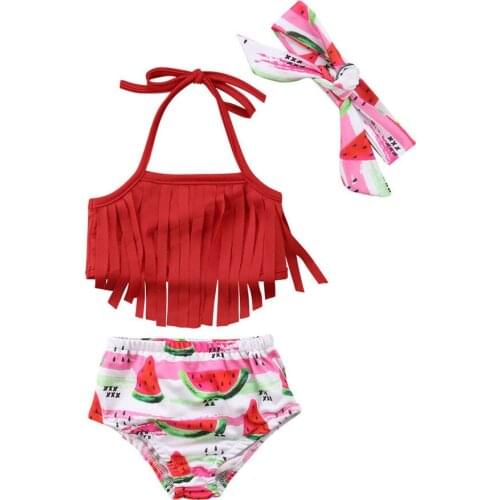 3PCS Toddler Baby Girl Clothes Watermelon Tassel Swimwear Headband Sets Bathing Suit Baby Bikini Sets Clothing 0-18M