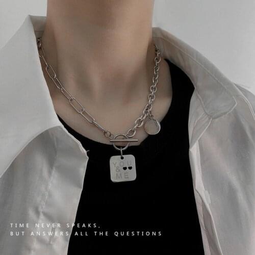 Square Card Necklace Woman Letter Girl Necklaces Hollow Couples Chain Hip Hop Silver Color European Stainless Steel Collares