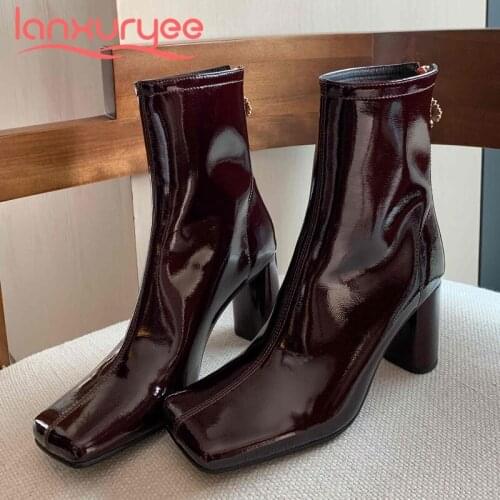 Lanxuryee hot european style microfiber designer square toe thick high heel back zipper nightclub beauty lady mid-calf boots L16