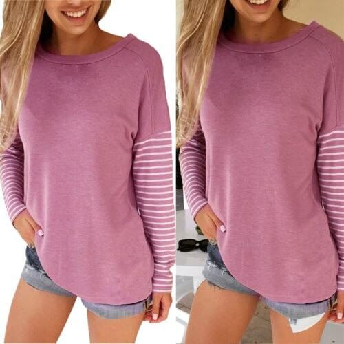 Fashion Women Sweatshirts Ladies Loose Casual Long Sleeve Cotton Pullover Stripe Tops