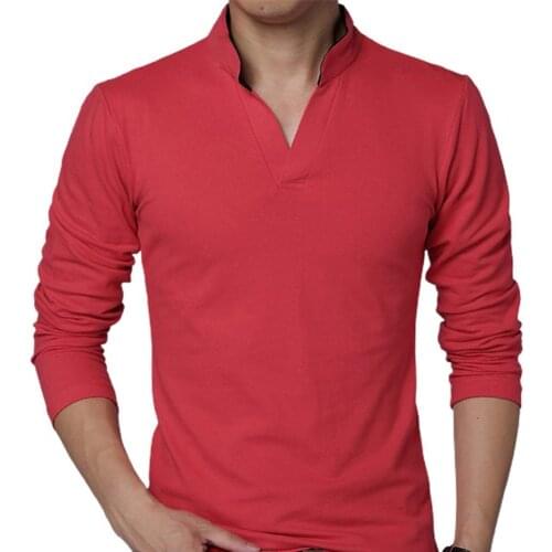 80%HOT Men T-shirt Solid Color Long Sleeve V Neck Slim Pullover Top for Spring
