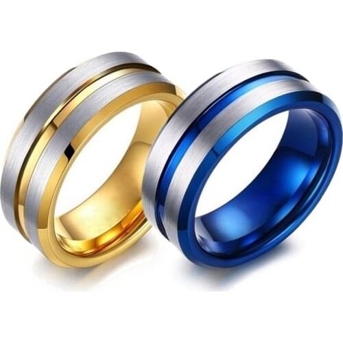 Fashion Ring Men 8MM Gold-Color Stripe/Blue Groove Ring For Men Accessories Wedding Bands Jewelry Love Gift