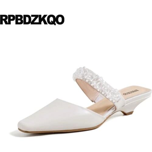 Genuine Leather Beaded Wedding Shoes Mules Slipper Size 33 Japanese Ivory Sandals Pumps Modern Women Square Toe Kitten Strap