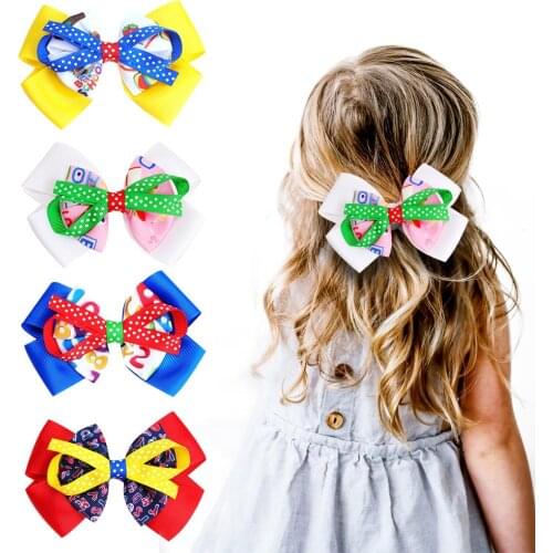 New 5in Ribbon Back To School Bow Printed Three Layer Hair Clips for Girls Hair Accessories Kids Dance Party Bows Hair Barrettes