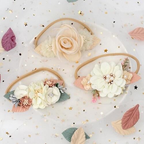 Newborn Pearl Lace Artificial Flower Headbands for Baby Girls Handmade Nylon Elastic Hairbands Headband Baby Toddler Accessories