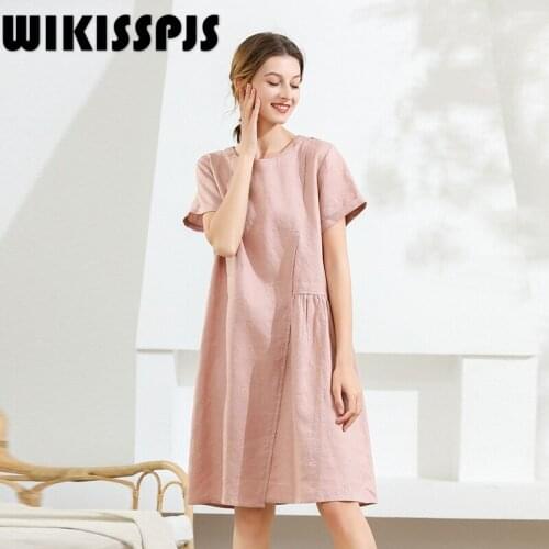 WIKISSPJS 2021 Spring Summer New Short Sleeve Round Neck Medium Length Pure Linen Pajamas Robe Sets Sleep Tops Pink Lingerie