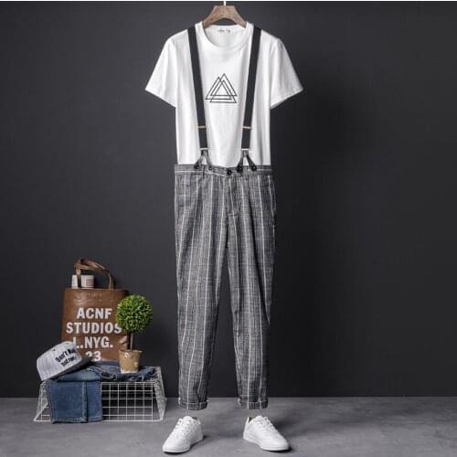 S-2xl Japanese Casual Gray Grid Overalls Nine Pants Mens Summer Slim Detachable Suspenders Korean Youth Tooling Bib Pants