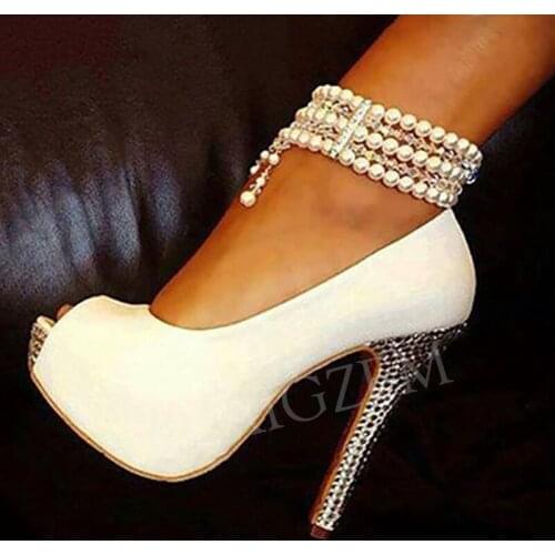 SEIIHEM Women Pumps White Pearl Ankle Strap High Stiletto Heels Wedding Sandals Stiletto Shoes Woman Ladies Big Size 44 47 52