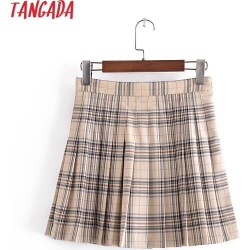 Tangada 2021 New Women Vintage Plaid Pattern Pleated Skirt Side Zipper Casual Female Skirt 3H266