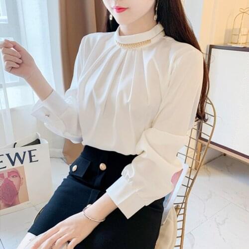 Ladies Elegant Style Blouse Korean Chic Shirt Women 2021 Spring Fashion Ladies Temperament Beaded Pleated White Tops Autumn