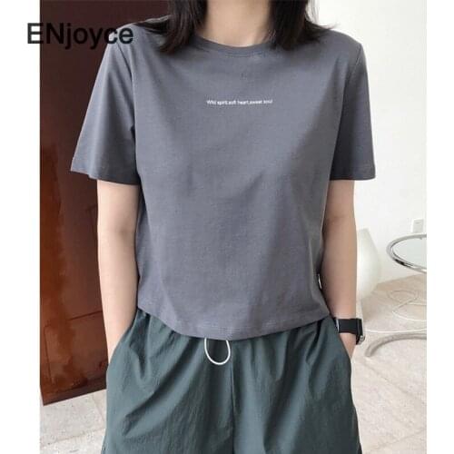 Women Letter Printed O-Neck Short Sleeve T-Shirt Korean Style Fashion Pullover Loose Cotton Tee Grey Cropped Tops Summer 2021