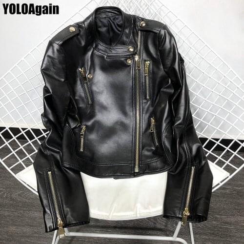 YOLOAgain women genuine leather jacket ladies stand collar black real sheepskin leather jacket
