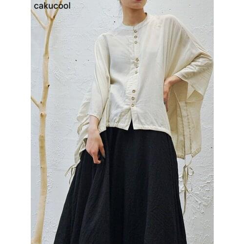 Cakucool 2019 spring and summer minimalist Japanese style literary shirt female loose bat sleeve linen drawstring retro shirt