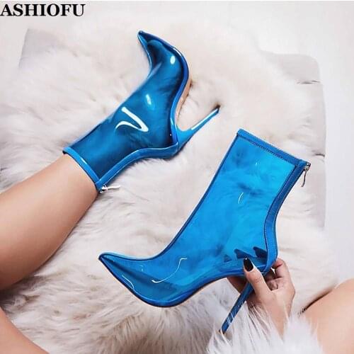 ASHIOFU Handmade New Ladies High Heel Boots PVC Leather Pointed Toe Sexy Party Prom Ankle Boots Evening Fashion Short Boots