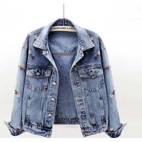 Women 2020 spring Autum beading flowers Denim Jackets Washed Blue Jeans Coat Turn-down Collar Outwear casual Slim Jacket JC262