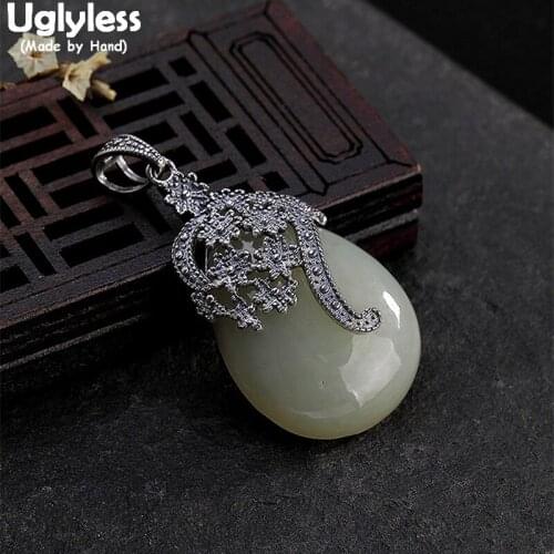 Uglyless Real Solid 925 Sterling Silver Natural Jade Pendants for Women Vintage Thai Silver Flowers Necklaces NO Chains Jewelry