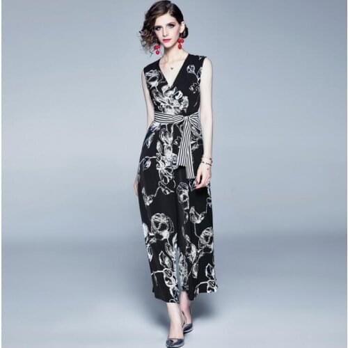 Womens spring summer high waist sleeveless print jumpsuit female sexy off shoulder slim long pants overall TB744