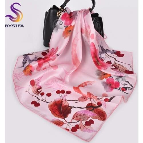 [BYSIFA] New Scarves 68*68cm Women Brand Luxury Silk Scarf Shawl Fall Pink Peach Blossom Ladies Neck Scarf Hijab Foulard Mujer