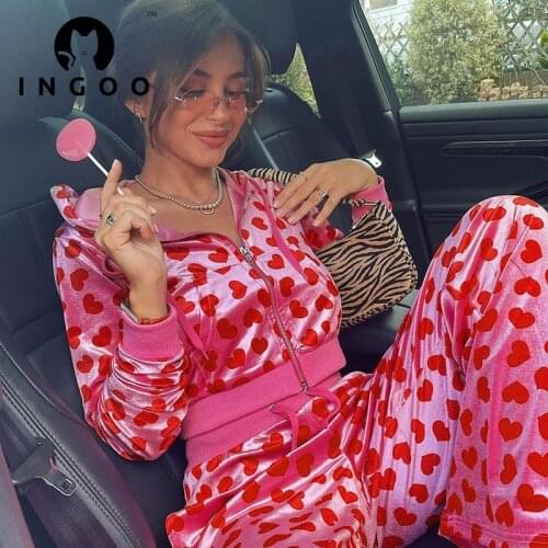 INGOO Hot Girl 2 Pieces Set Y2K Love Printed Cardigan Hooded Sweater Lace-up Trousers Street Women Tracksuit Casual Outfits Suit