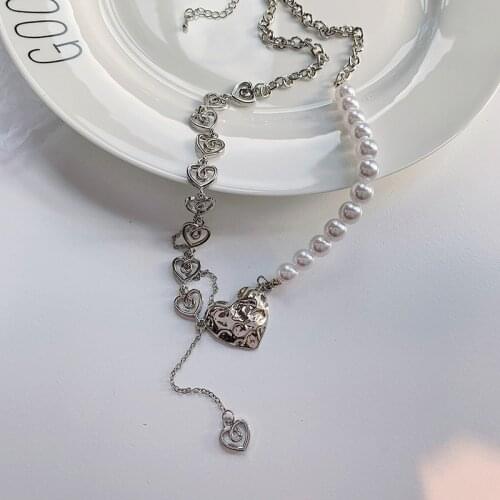Origin Summer Sweet Silver Color Love Heart Pendant Necklace for Women Asymmetric Love Imitation Pearl Beads Chains Necklaces