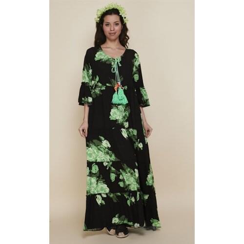 Tasseled Collar Black Green Color Flower Pattern Flare Sleeves Long Boho Dress 2021 New Fashion Authentic Womens Clothing