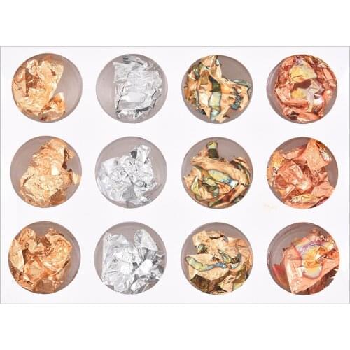 12Pots/Sets Gold Silver Bronze Glitter Nail Foil Sticker Gel Adhesive Glue Transfer Paillette Flake Full Cover Laser Decal Decor