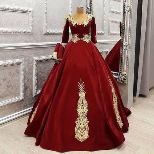 Black/Burgundy Long Evening Dresses 2021 Elegant Gold Appliques Ball Gown Long Sleeve Women Formal Evening Gowns Abendkleider