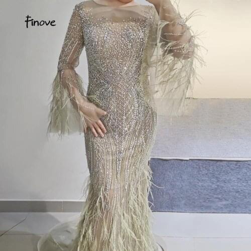 Elegant Mermaid Evening Dress Long Sleeve Bead Feathers Formal Dresses Gowns for Women with Party Prom Dress