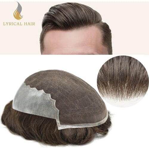 French Lace Front Skin Mens Toupee Hairpiece Natural Bleached Knots Clear Poly PU Hair Replacement System Breathable Mens Wigs