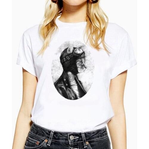 Retro Style Funny Cat pilot Print t-shirt Women Summer Clothing White Casual Short sleeve O-neck T shirt