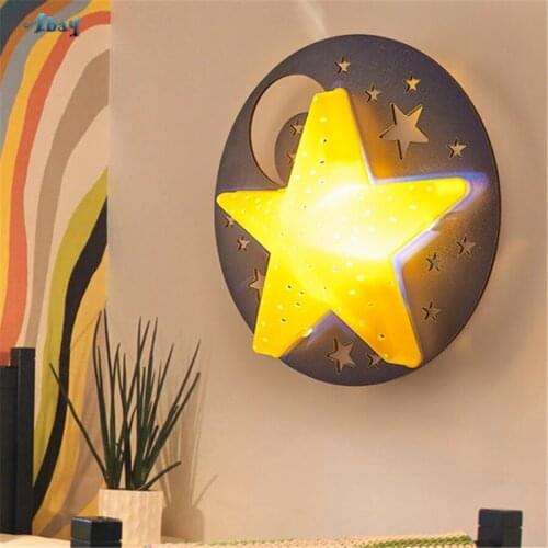 Hut Children Room Decoration Star/moon Shape Wall Lamps Kids Bedside Lamp Wooden Wall Sconce Light for Study Corridor Restaurant