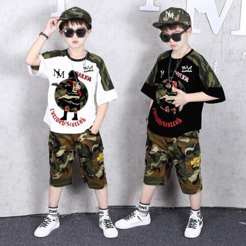 Summer 2 Pcs Outfits For 1-14 Yrs Boys Girls Dance Clothes Sets Kids Cotton Camouflage T-Shirt Shorts Toddler Baby Sport Costume
