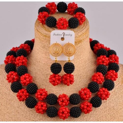 Costume necklace nigerian wedding african beads jewelry set black and red simulated pearl and crystal bead jewelry sets FZZ94
