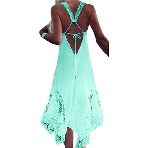 Hot Casual Elegant Dress Women Sleeveless Backless Lacing Irregular Lace Hem Plus Size платье Low-cut Midi Dress